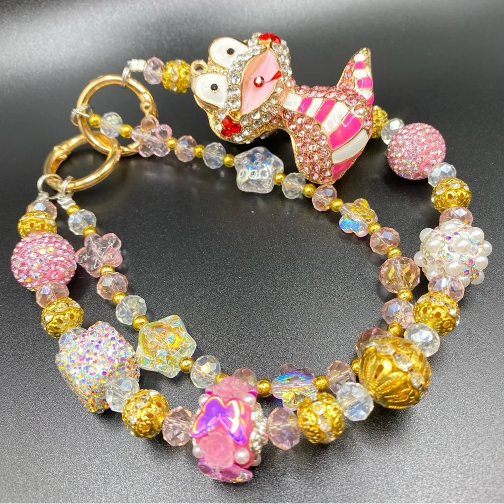 🩷 Luxury Bag/Phone Chain Charm/Keychain PINK CHINESE DRAGON Bling Crystal Beads - Image 7