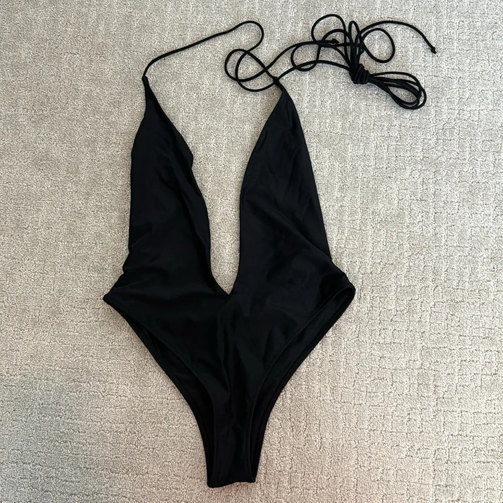 White Fox “Daydream Island” black shiny wrap sexy one piece swimsuit swimwear - Image 4