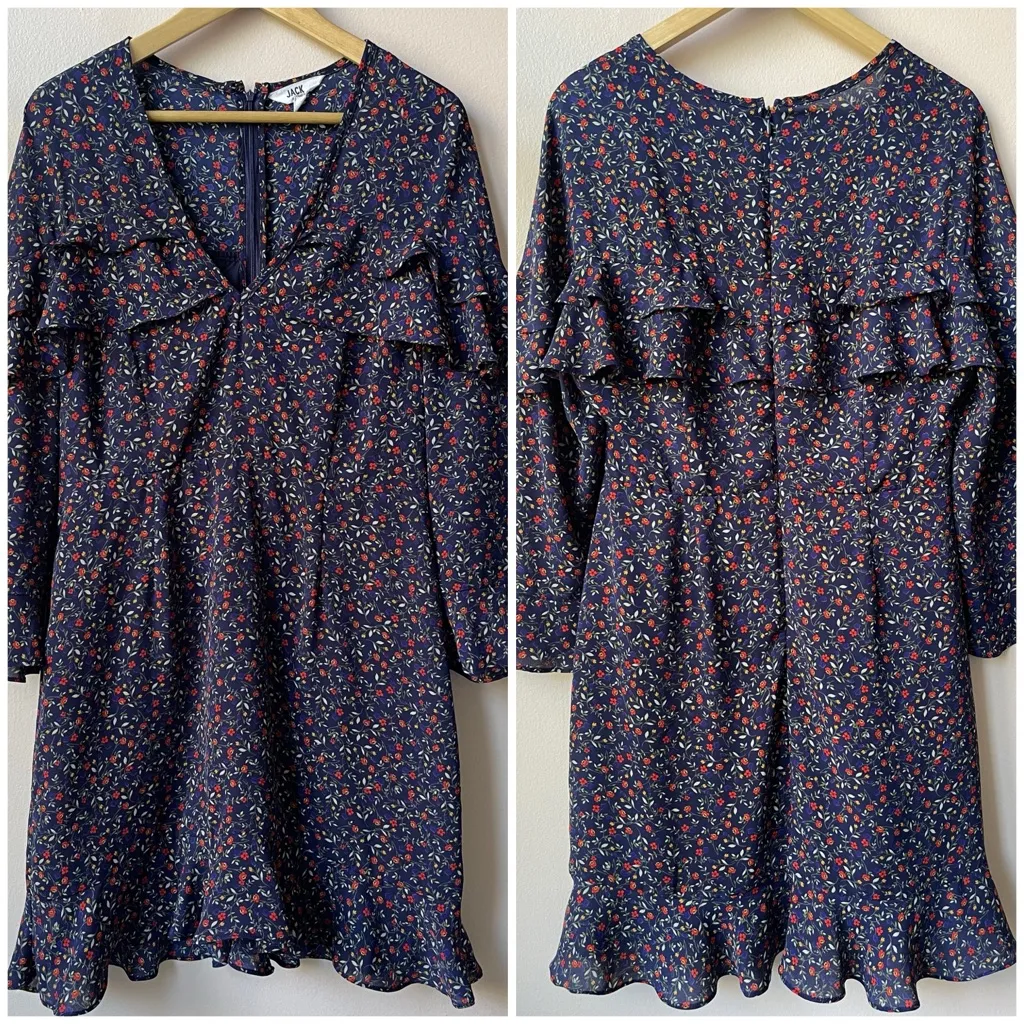 JACK by BB Dakota Navy Floral Ruffle Long Sleeve Dress (Navy Blue) - 10 - Image 3