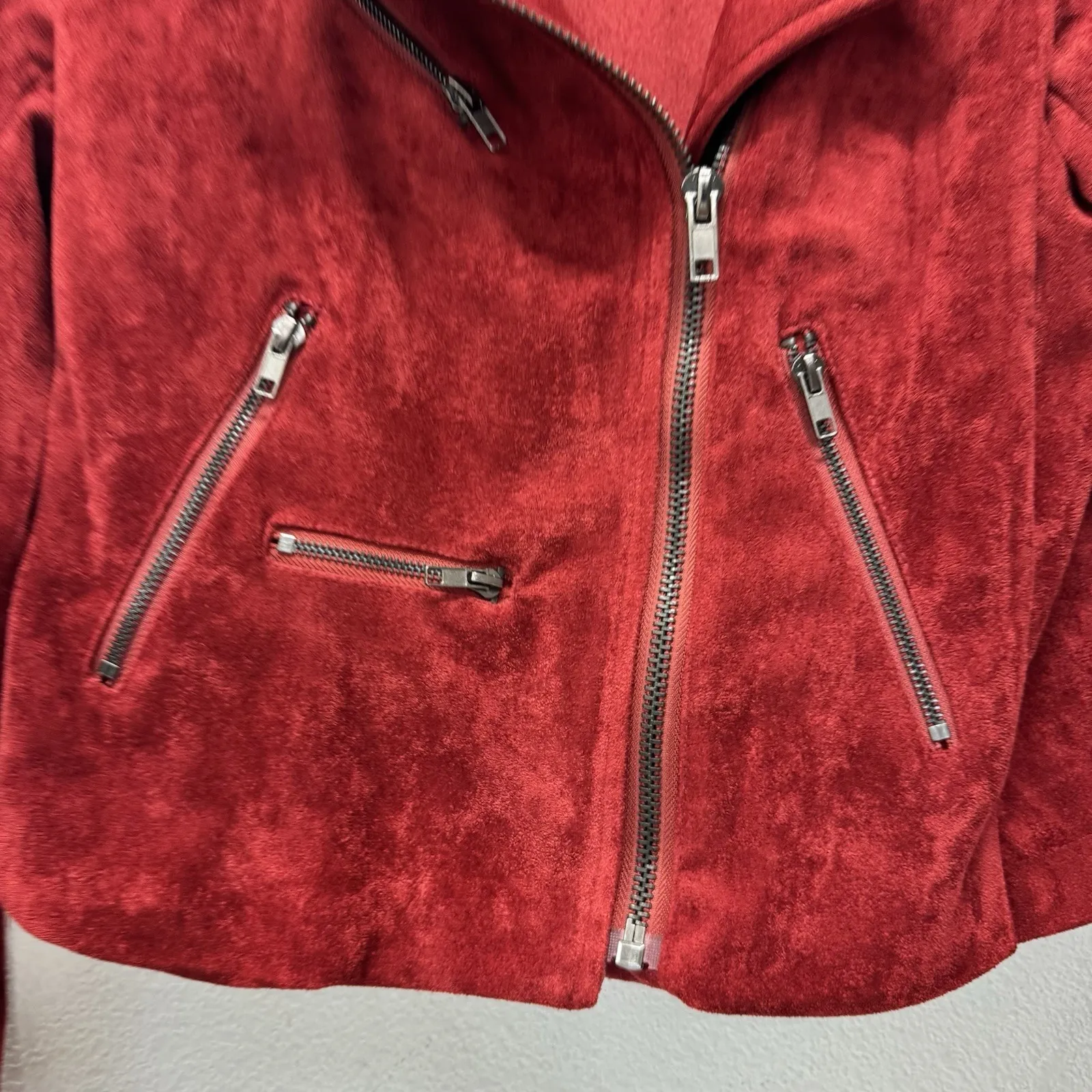 Olivaceous Faux Suede Moto Biker Motorcycle Jacket Womens Small Rust Orange Red - Image 3