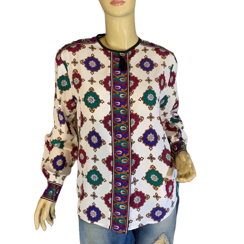 VINTAGE 1980'S JOS A. BANK MULTI-COLOR BUTTON DOWN BLOUSE WITH TASSEL (8) - Image 2