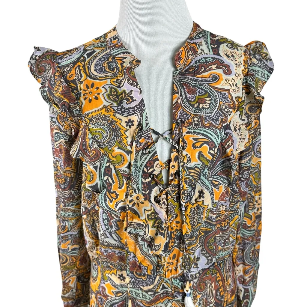 Anthropologie Bohemian Western Ruffle Lace Up Paisley Long Sleeve Dress Size 8 - Image 8
