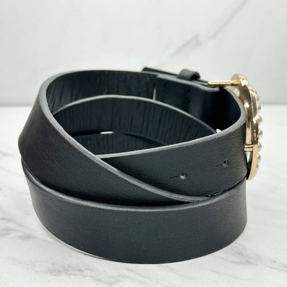 Black Faux Leather Belt with Faux Pearl Buckle Size Large L XL Womens - Image 5
