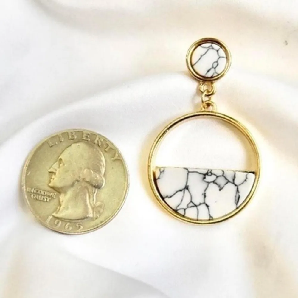 Marble Stone Earrings – Gold Hardware with Rounded Faux Marble, Elegant - Image 2