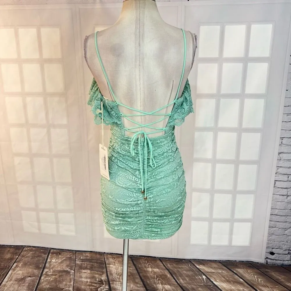 Here Comes the Sun mint green lace ruched lace up back mini dress - Image 9