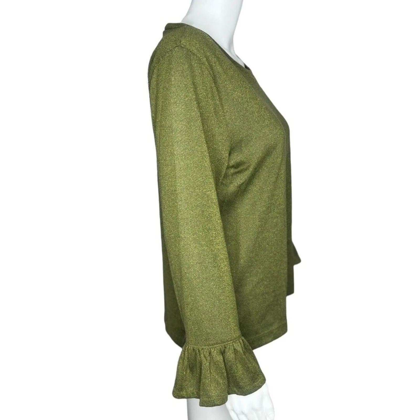 J. Crew Shirt Womens Large Green Gold Shimmer Sparkle Bell‎ Sleeve Top Preppy - Image 2