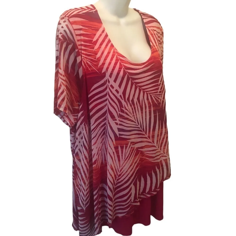 Catherine’s Plus Sz. 1X Tropical Hot Pink Fern Tunic Top Layered Look Blouse - Image 2