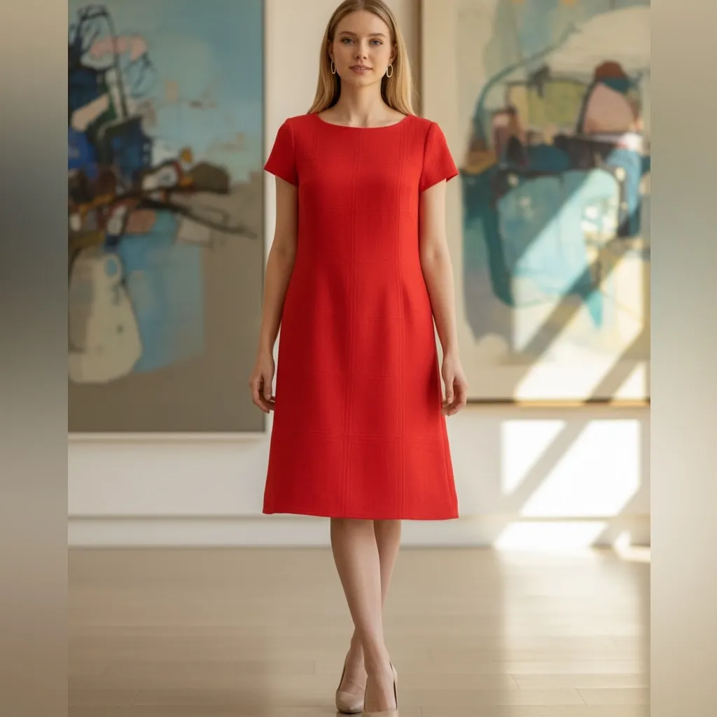 Tory Burch Red-Orange Short Sleeve Wide Crew Neck Careerwear Sheath Dress 4 - Image 8