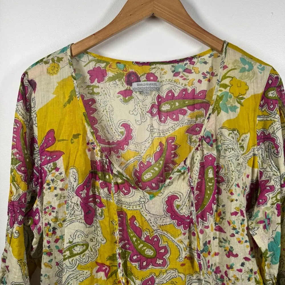 World Market Top Women L/XL Paisley Floral Semi Sheer Boho 3/4 Sleeve Ruffle Pink - Image 3