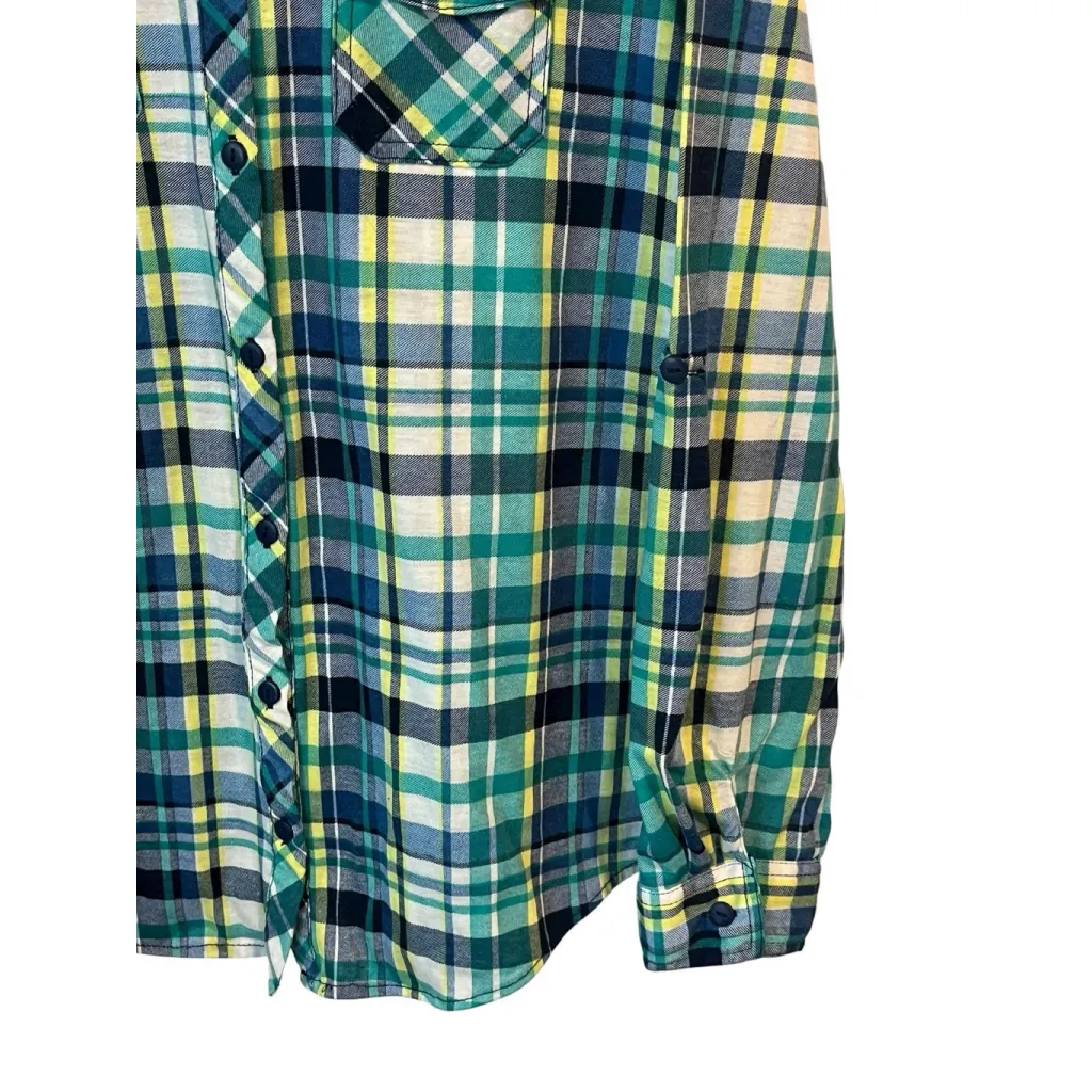 Passport Flannel Shirt Womens L Blue Plaid Pockets Button Up Roll Tab Sleeve Size L - Image 6
