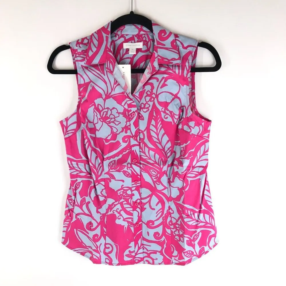 Charter Club Womens Top Button Down Sleeveless Collar Floral Blue Pink 4P - Image 2