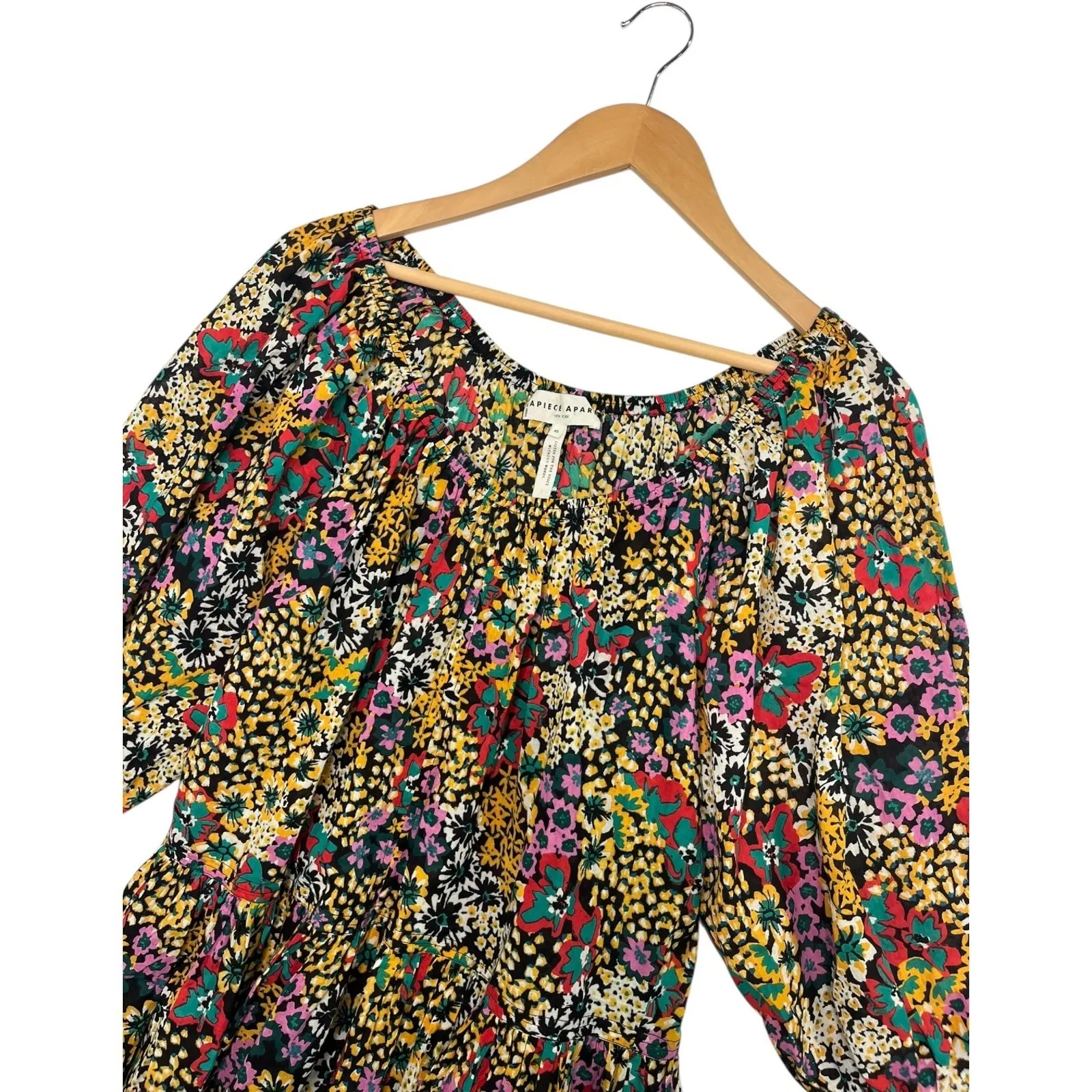 Apiece Apart Dress Womens XS Black Floral Organic Cotton Puff Sleeve Boho Summer - Image 7