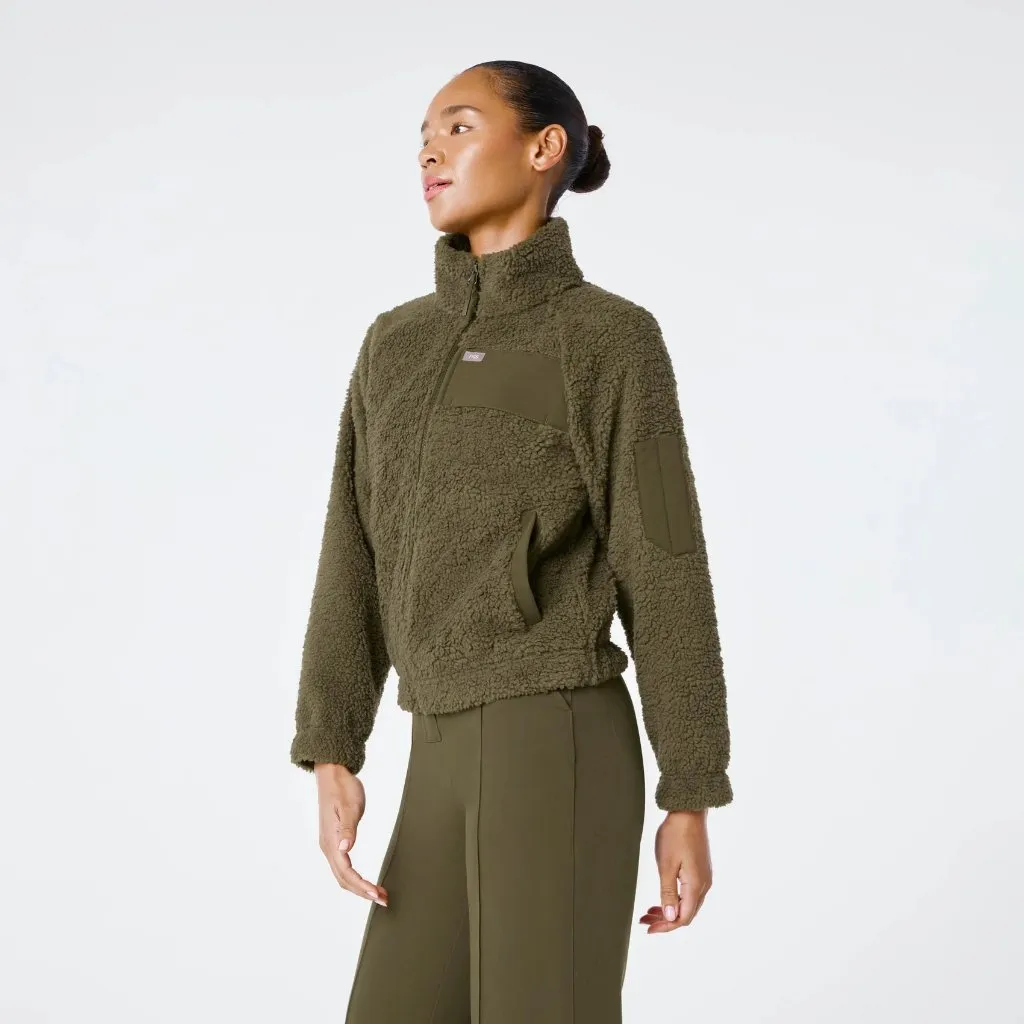 Figs On-Shift High Pile Fleece Bomber Jacket in Spruce, Size Small - Image 3