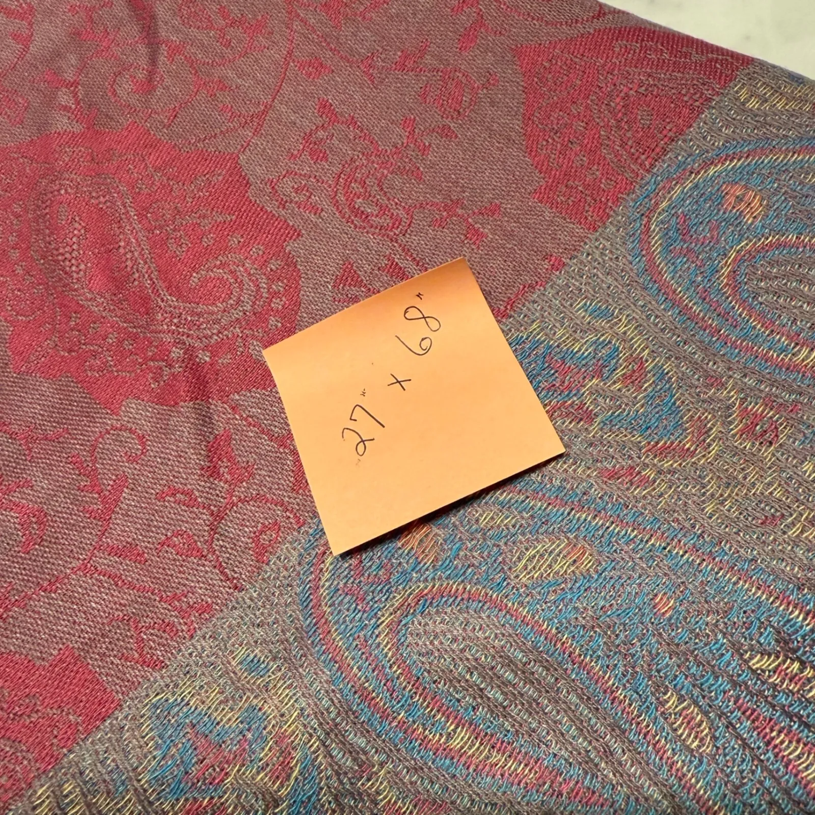 Paisley Shawl Scarf Wrap Large Pink Blue Gold Metallic Fringe - Image 2