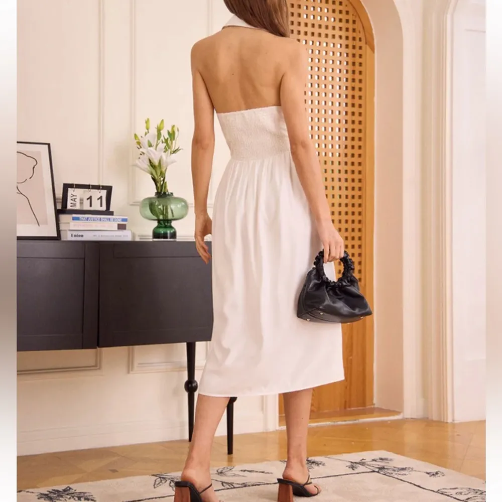 Rihoas White Collared Twist Backless Midi Dress - Image 3