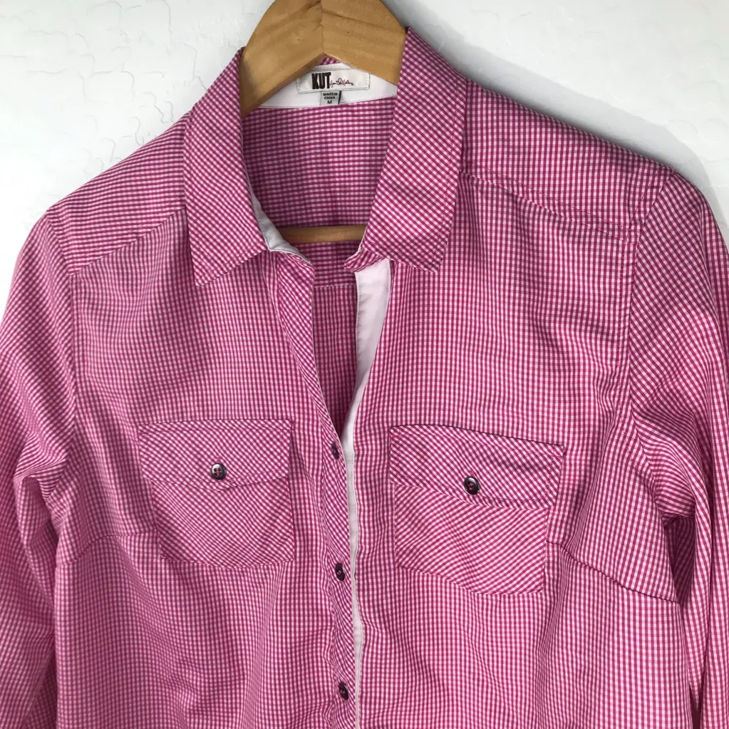 Kut from the Kloth Women's Blouse Pink White Gingham Button Front - Image 2