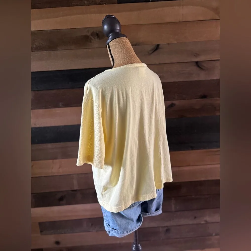 80s Vintage Butter Yellow The Body Co Button Front Mesh Sleeves Sporty T - Image 3