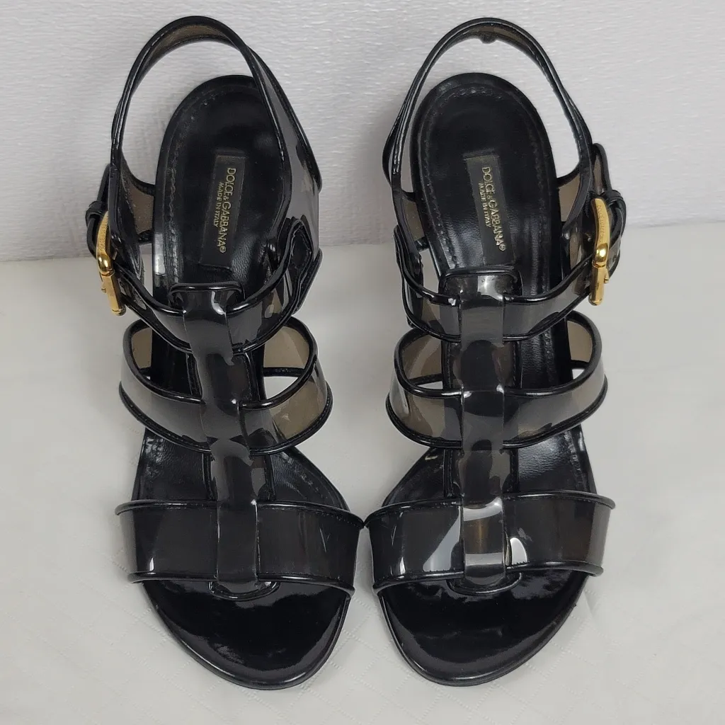 Dolce & Gabbana Black PVC And Leather Strappy Woven Detail Heel Sandals Sz 38.5 - Image 3