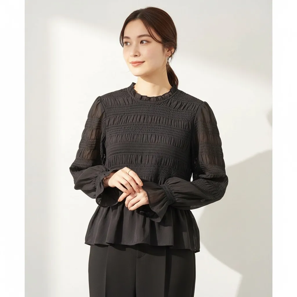 Express Elegant Black Smocked Balloon Sleeve Peplum  Blouse NWT - Image 5