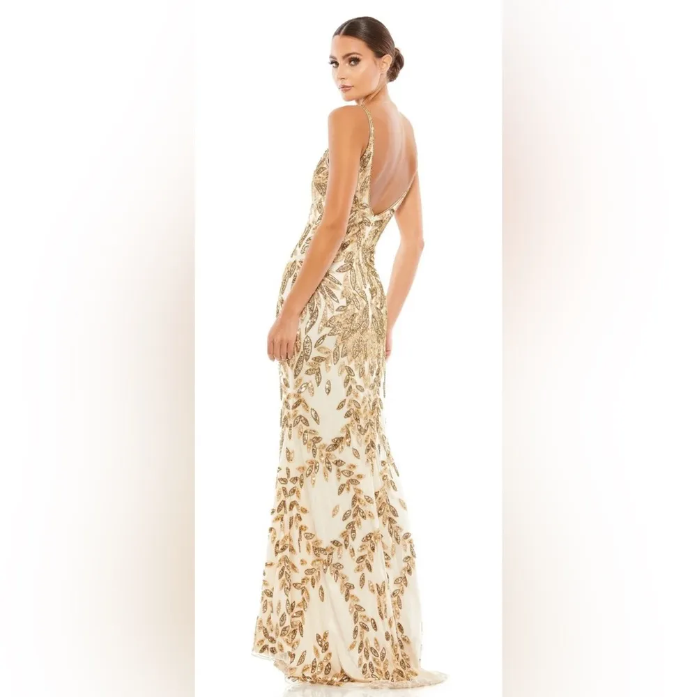 NWT Mac Duggal Style 5107 Plunging Neckline Sequins Gown Dress Gold Nude Size 10 - Image 15