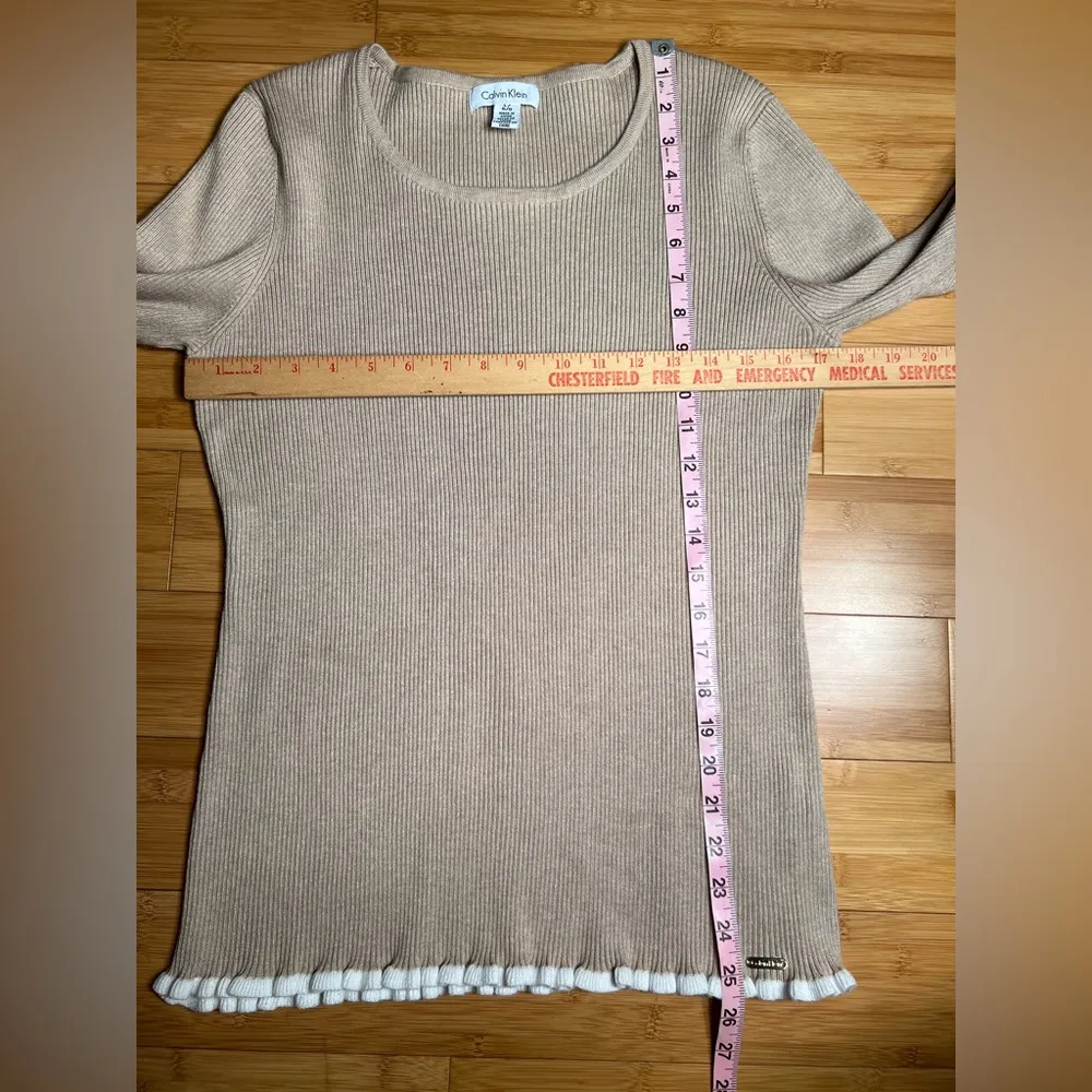 Calvin Klein Womens Beige Pullover Ribbed Long Sleeve lettuce hem Sweater|Sz:L - Image 8