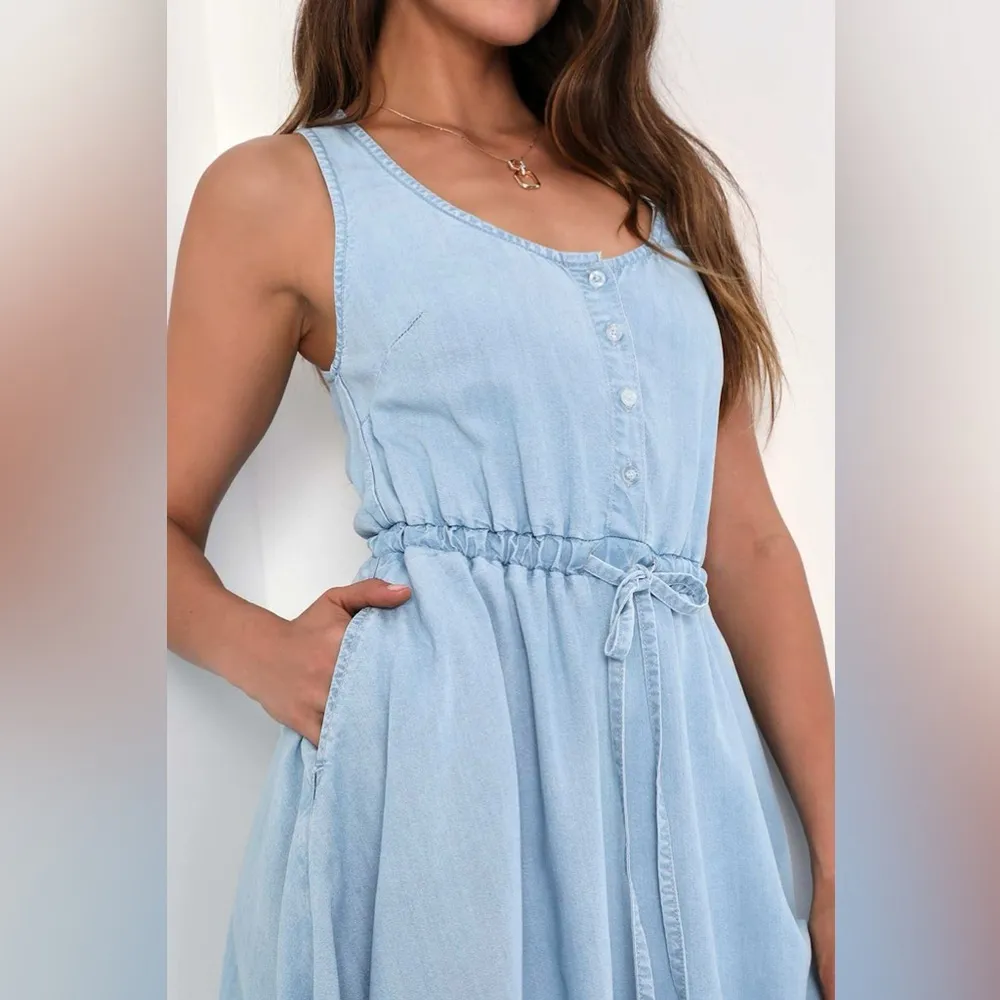 Lulus Charming Presence Light Blue Chambray Mini Dress With Pockets - Image 3