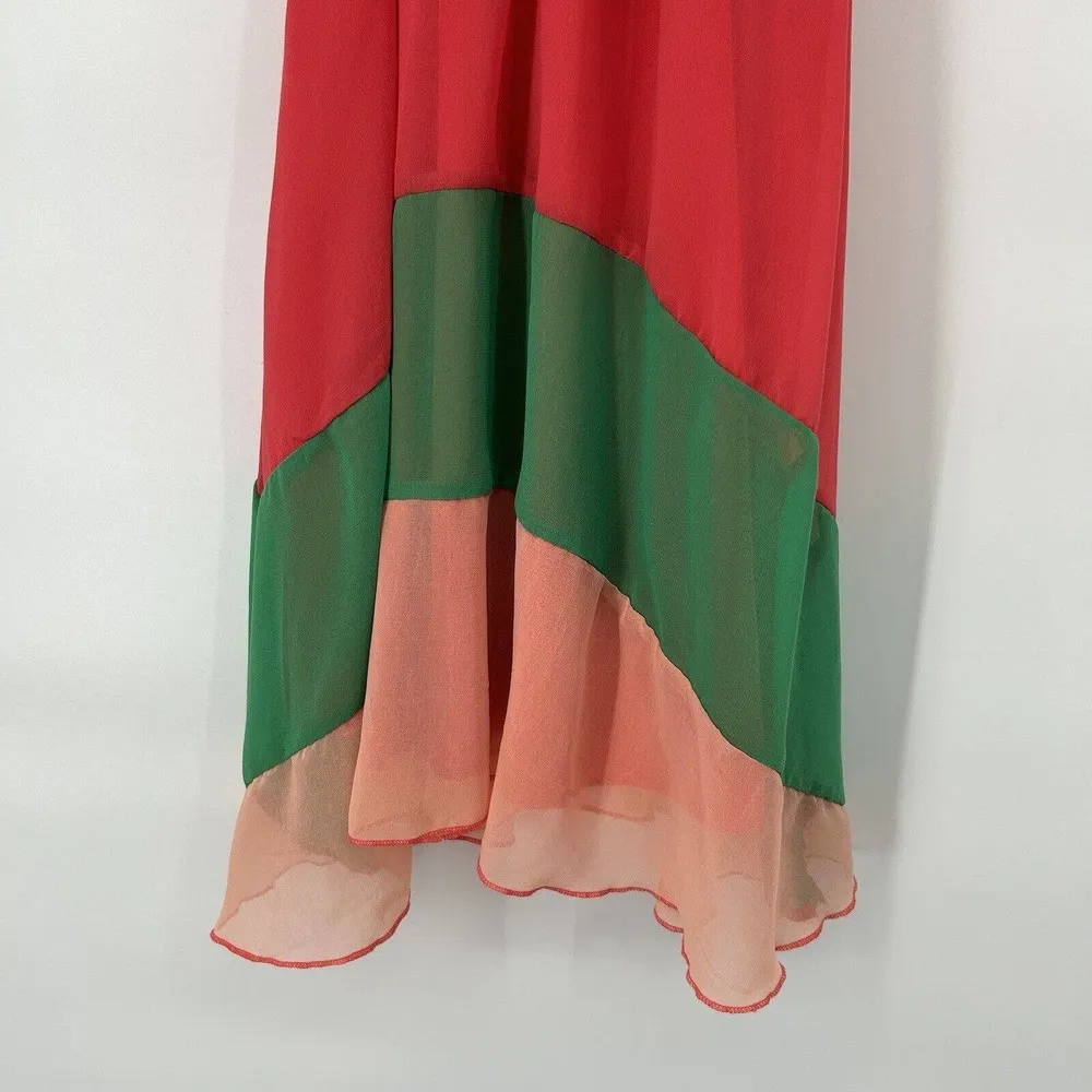 Buckle Daytrip Fit Flare Color Block Dress Coral Green Asymmetric Hem Size S - Image 4