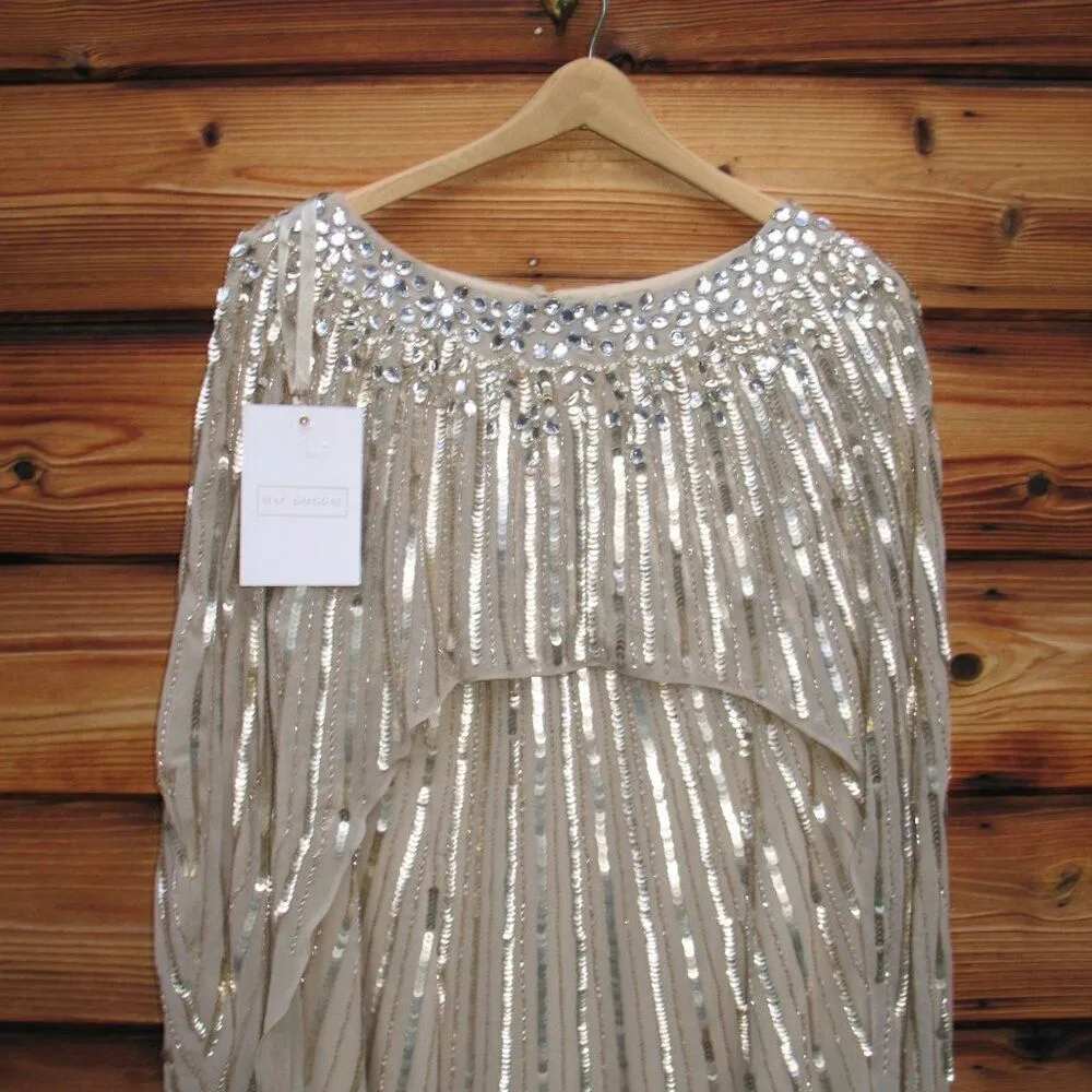 NWT Mac Duggal 93869 Gold Embellished Beaded Column Cape Gown 14 - Image 7