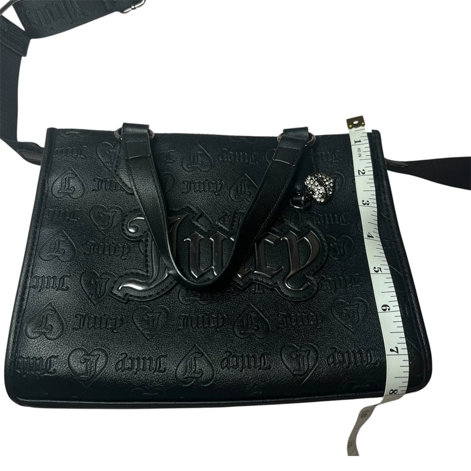 Juicy Couture Black Embossed Logo Satchel Crossbody Heart Charm Bag Purse - Image 13