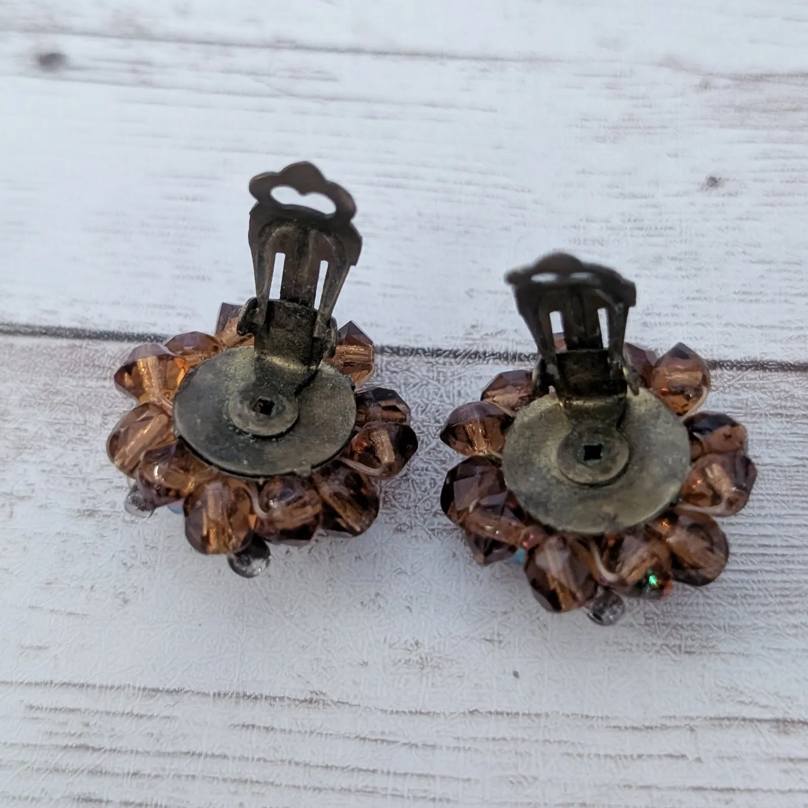 Vintage Clip On Earrings Dark Brown/Amber Tone and Iridescent Cluster - Image 5