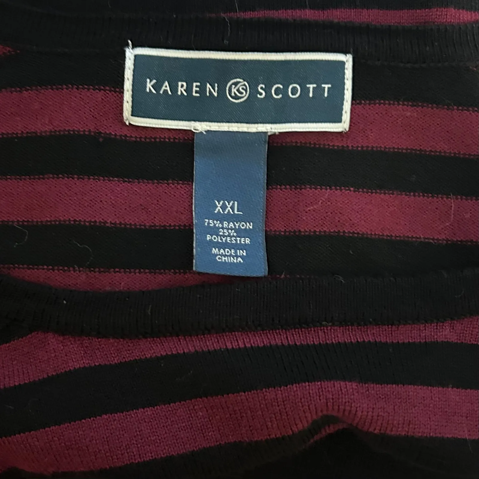 Karen Scott Knit Jersey Striped XXL Button Accents Burg/Black Nautical Stretchy - Image 7