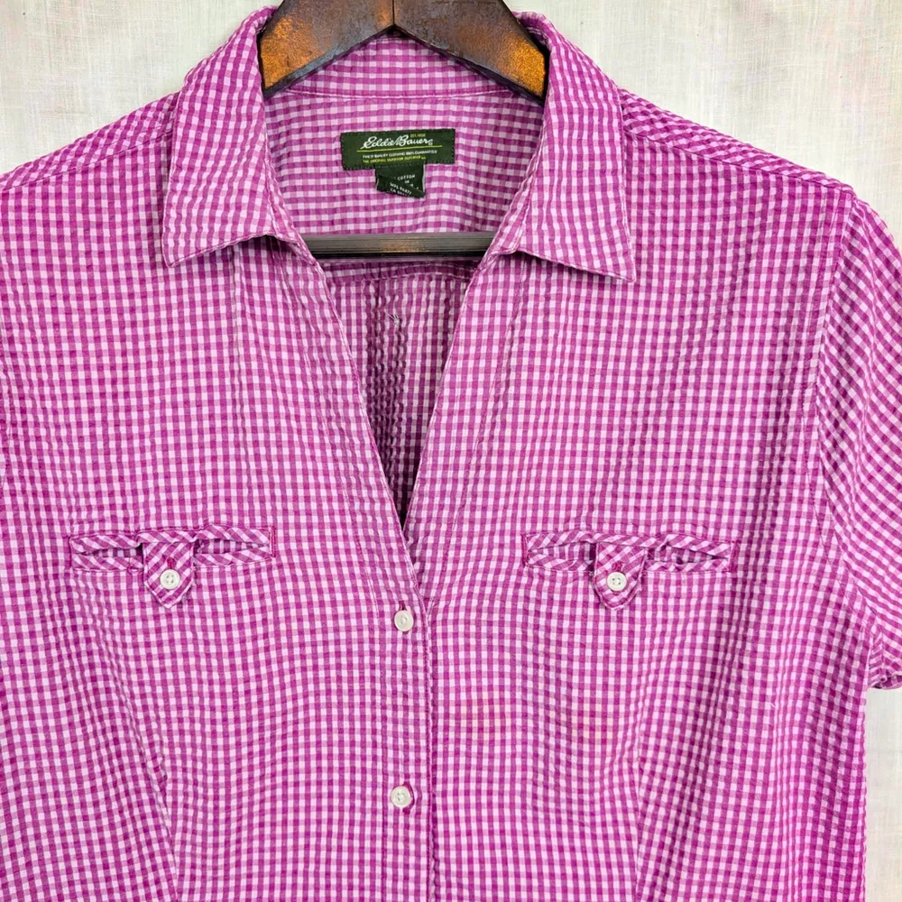 Women's Eddie Bauer Short Sleeve Seersucker Check Shirt XL - Image 4