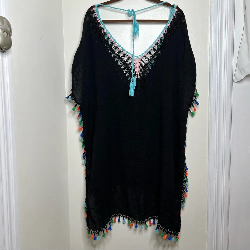 Black Swimsuit Beach Pool Cover Up Colorful Pom poms Tassels One Size Vacay - Image 3