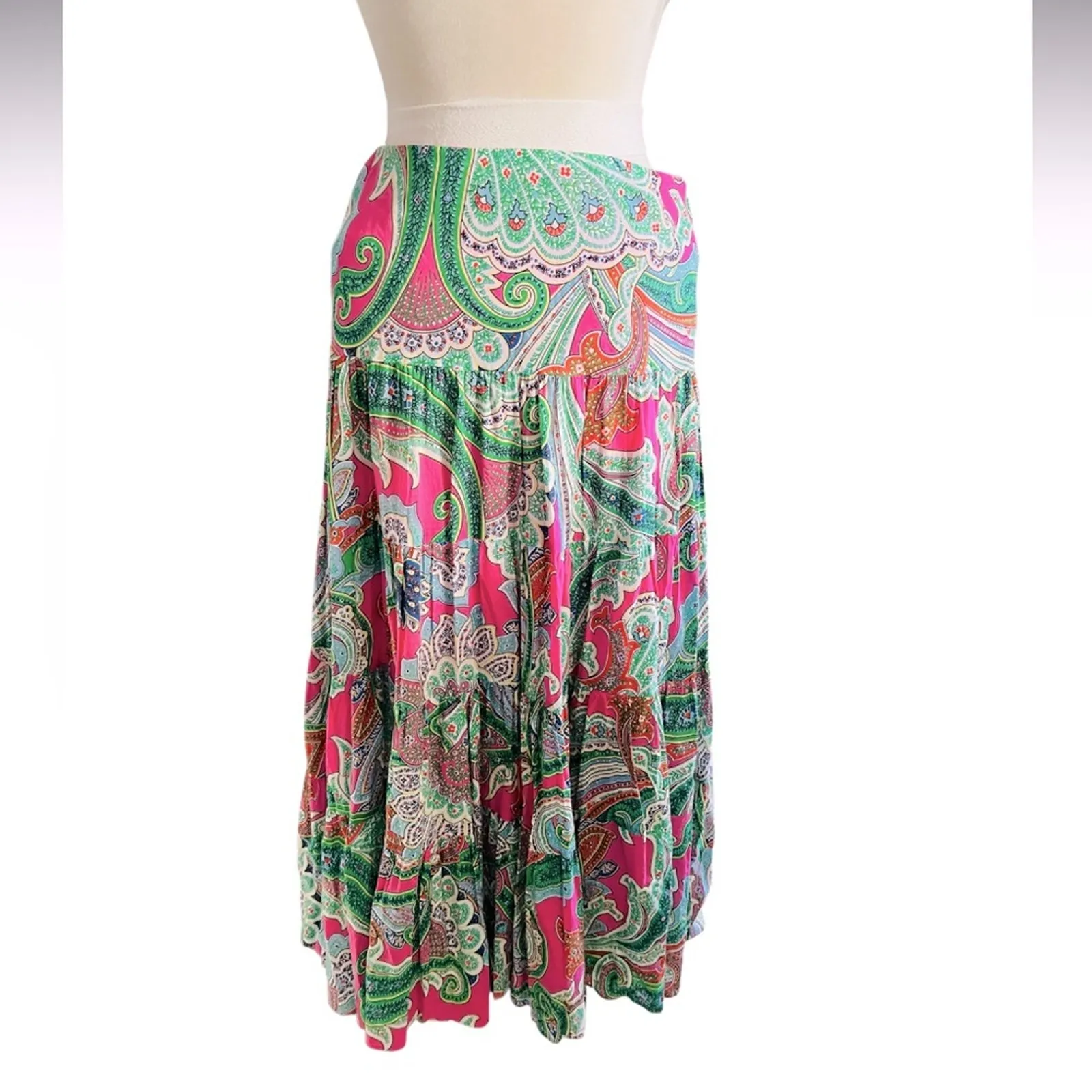 Ralph Lauren Lauren Pink Green Paisley Tiered Skirt Boho Midi Size Large NWT - Image 3