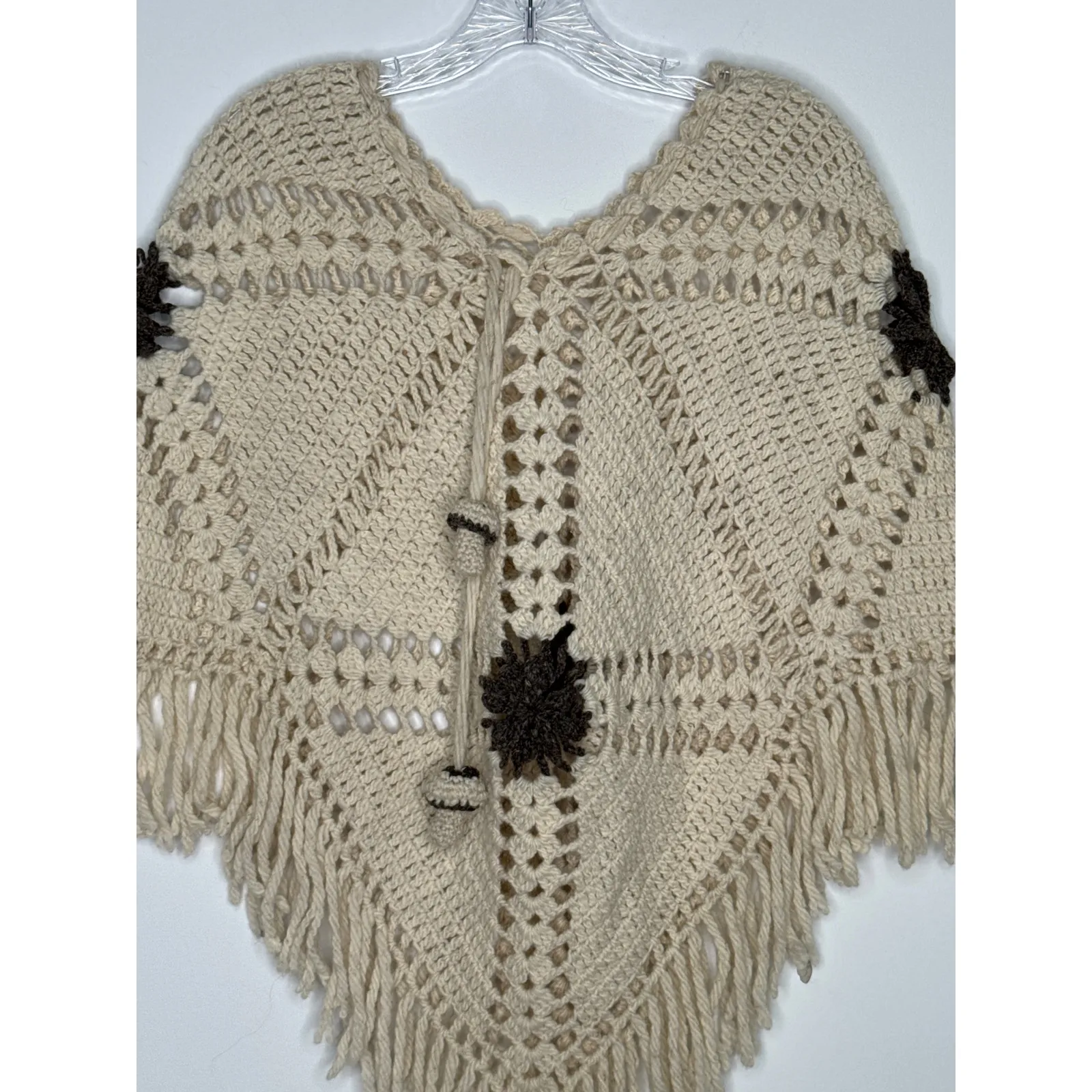 Vintage 1970s Handmade Crochet Poncho with Mushroom Tassel Ties & Fringe S - Image 6