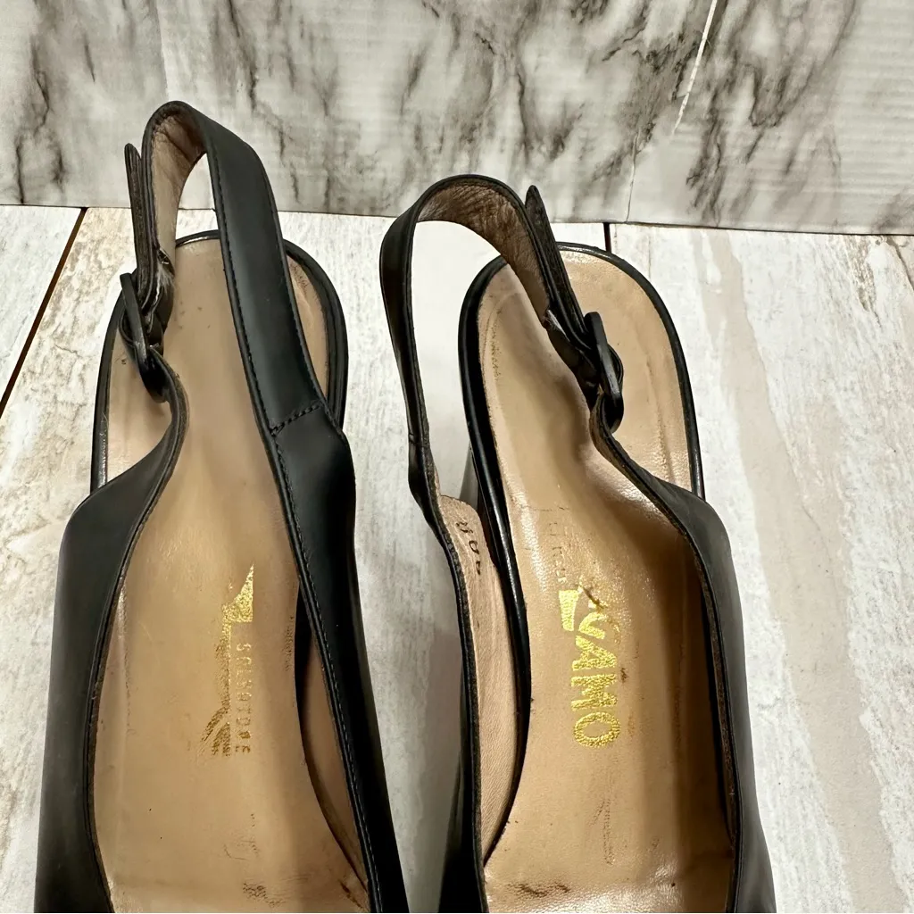 Salvatore Ferragamo Black Leather Slingback Block Heels Office Siren Classic Vtg - Image 3