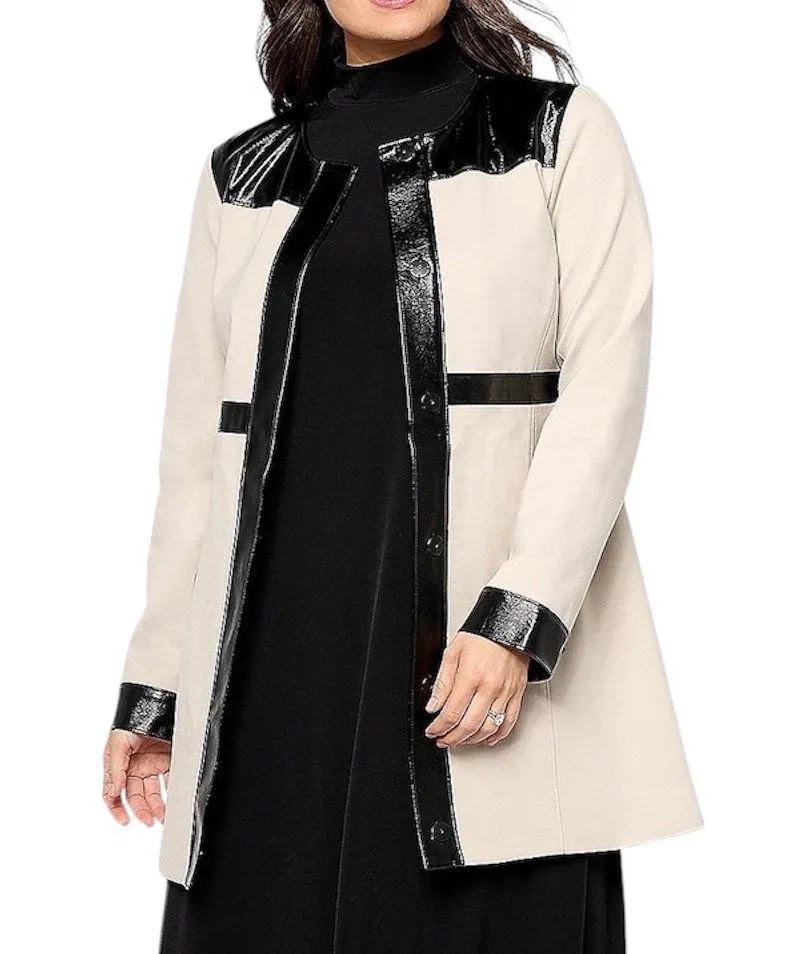 New Dennis Basso Patent Faux Leather Trim Ponte Topper Jacket Ecru Black Medium - Image 1