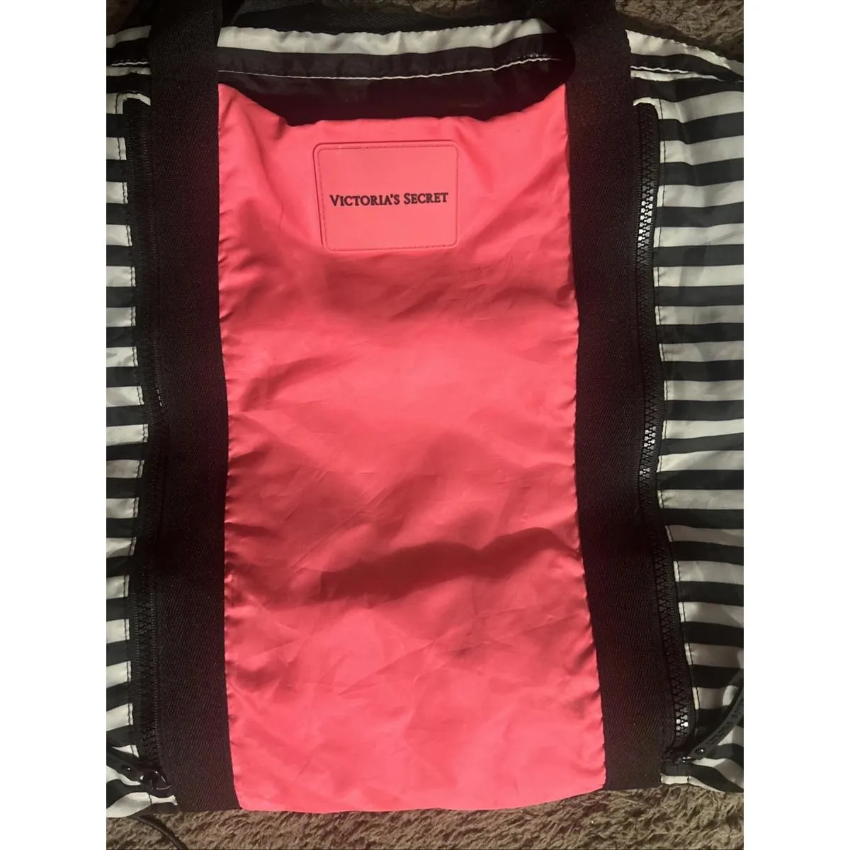 Victoria Secret Sport Pink Black Stripe Carry Tote Weekender Bag Beach Shopper - Image 2