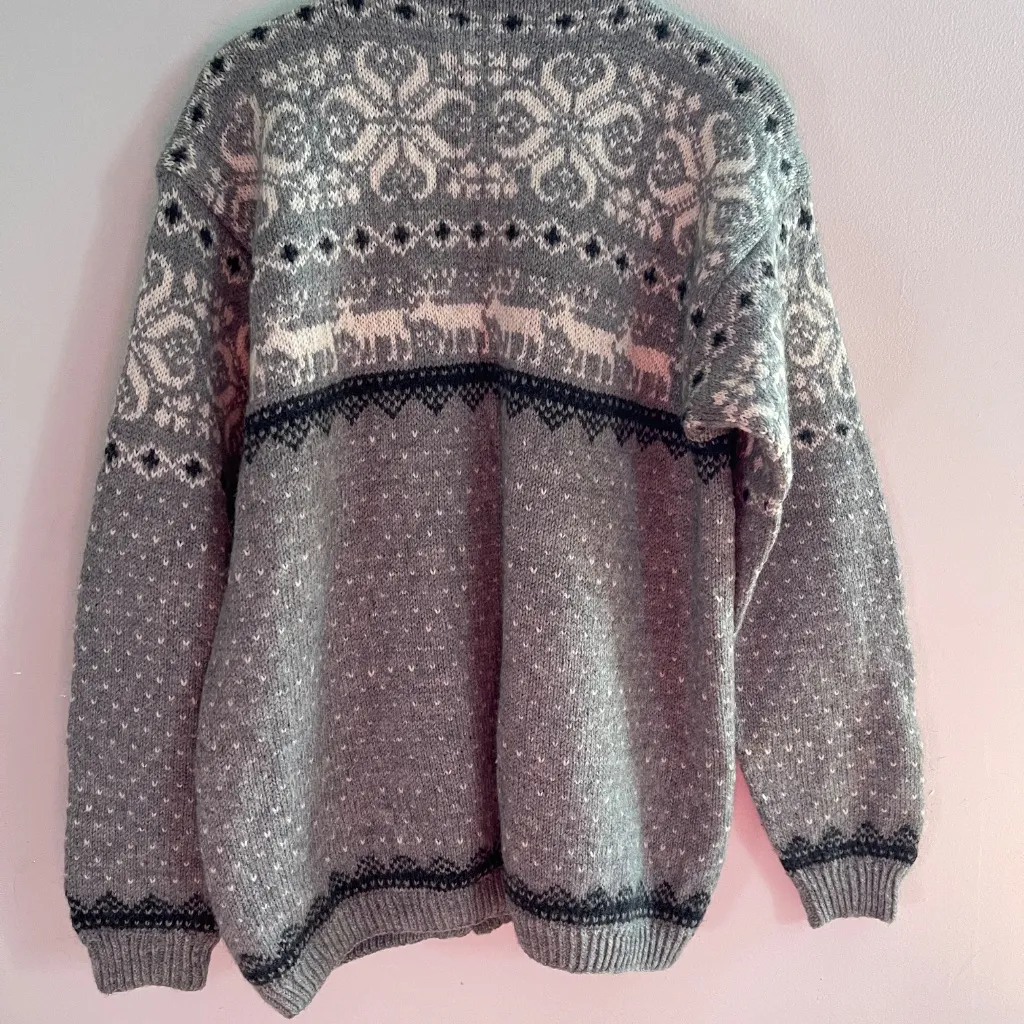 Vintage Fairisle Gray Navy Wool Cardigan Sweater Womens Deer Nordic Cabincore Size L - Image 7