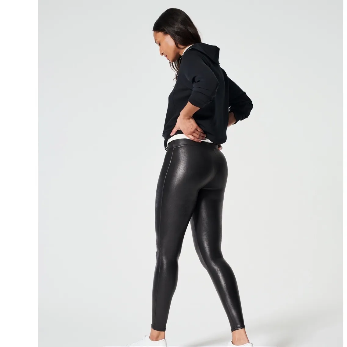 SPANX Faux Leather Leggings Black High Waisted Stretchy Full Length Size L - Image 2