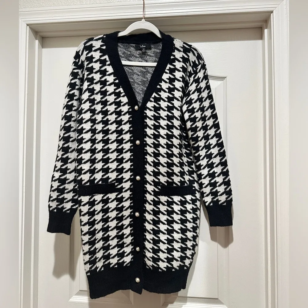 Lulus Truly Iconic Black and White Houndstooth Cardigan Sweater Dress - Image 4