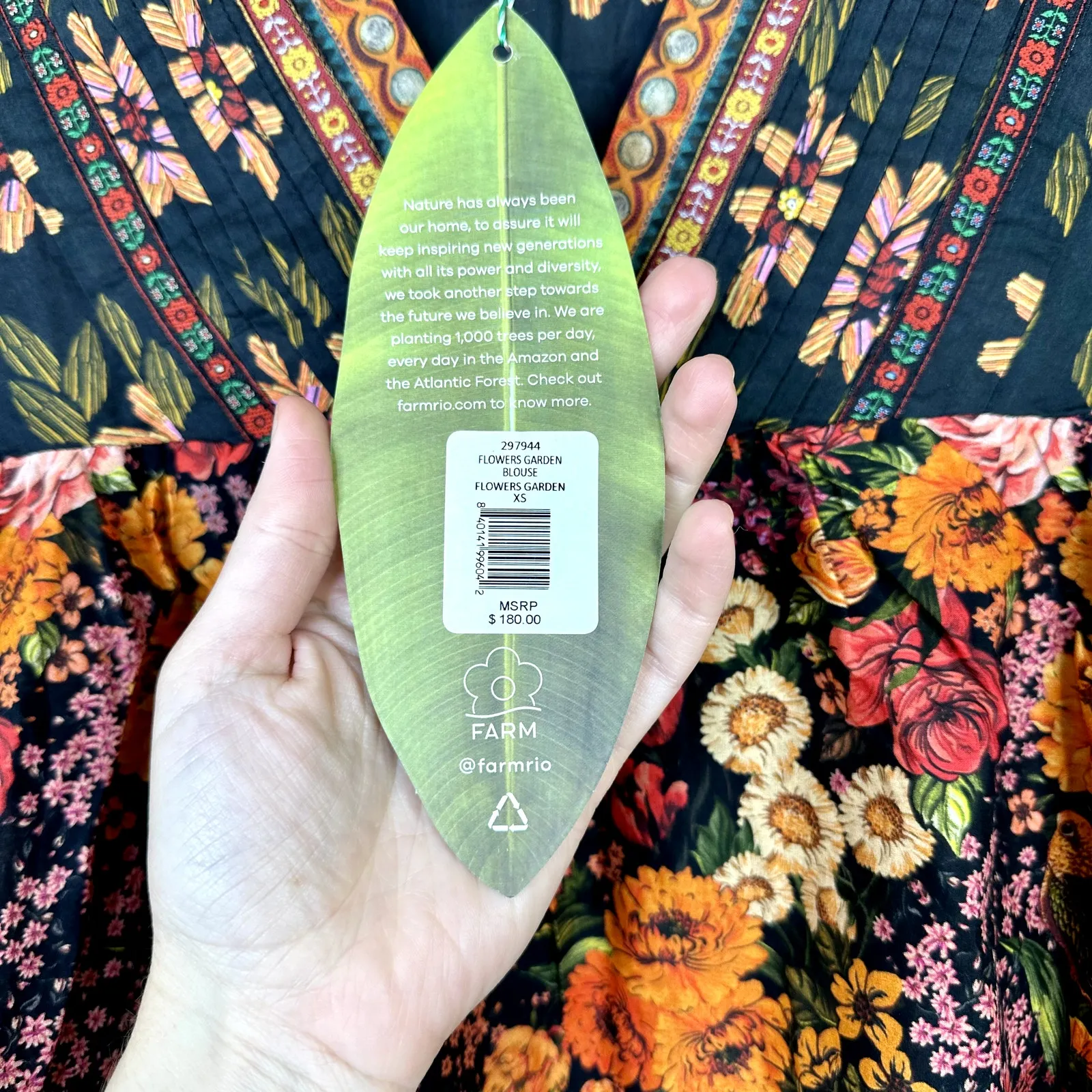 FARM Rio NWT Vibrant Flowers Garden Lace Trim V-Neck Bold Long Sleeve Blouse XS - Image 9