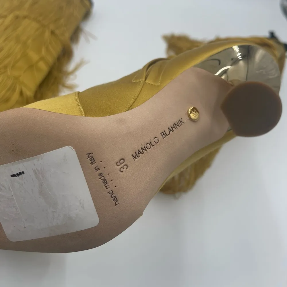 MANOLO BLAHNIK FLEQUILLOHI Yellow Satin Fringe Detail Knee High Boots 105mm - Image 12