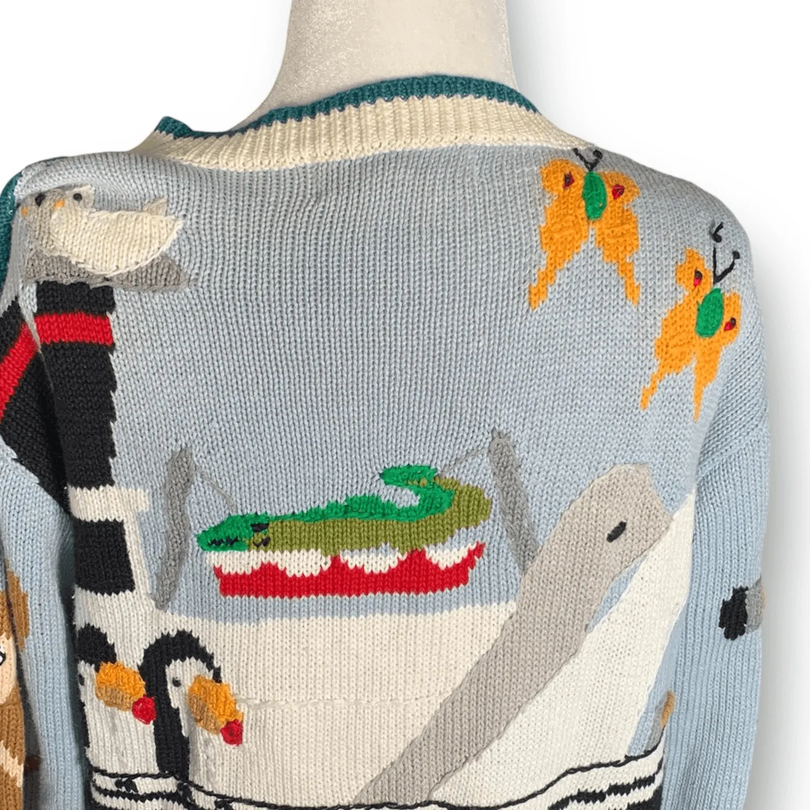 Vintage Noahs Ark Cardigan Sweater Linen Cotton Colorful Animal Print 90s Small Blue - Image 5