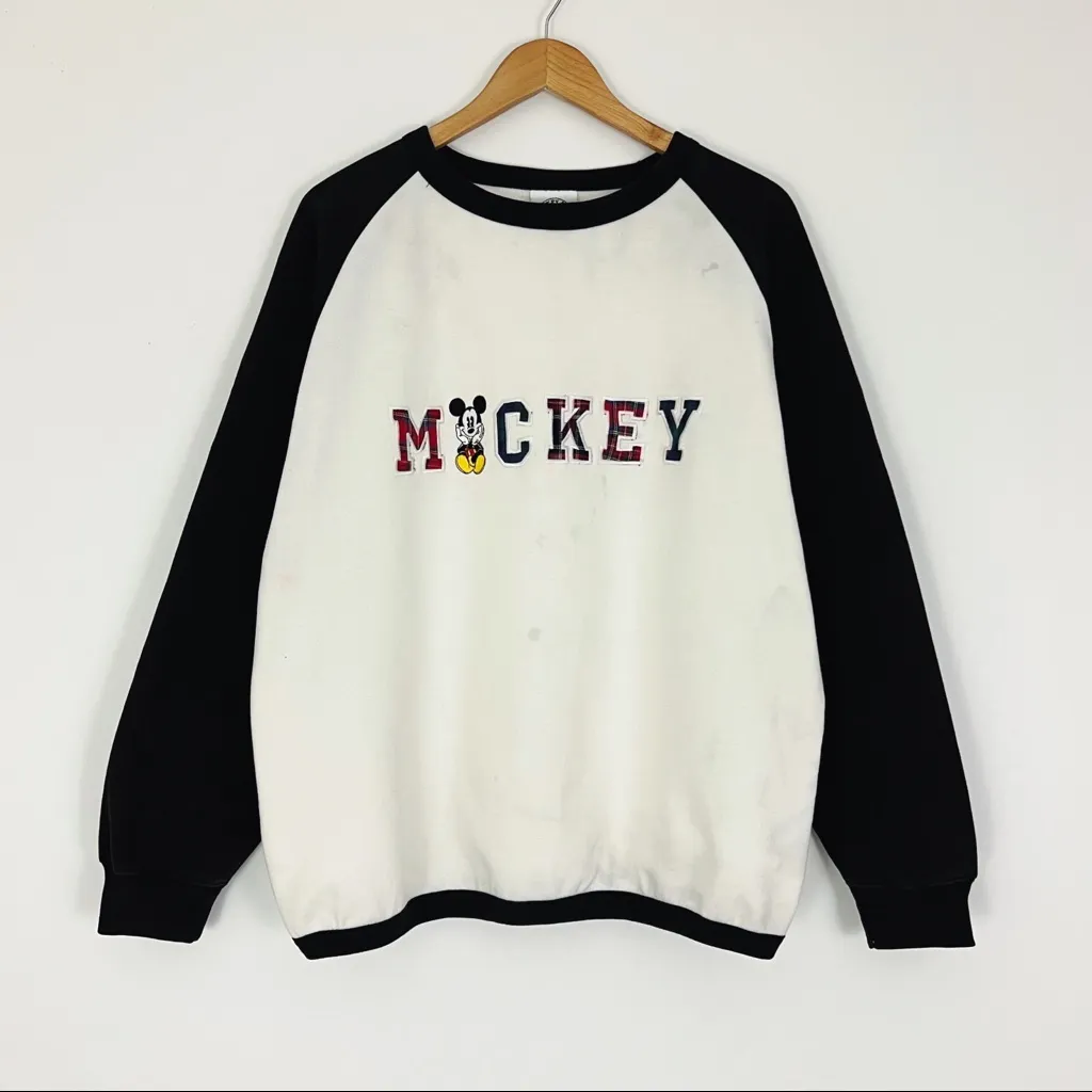 Vintage Disney Mickey Embroidered Appliqué Raglan Crewneck Sweatshirt | Size L White Size L - Image 9