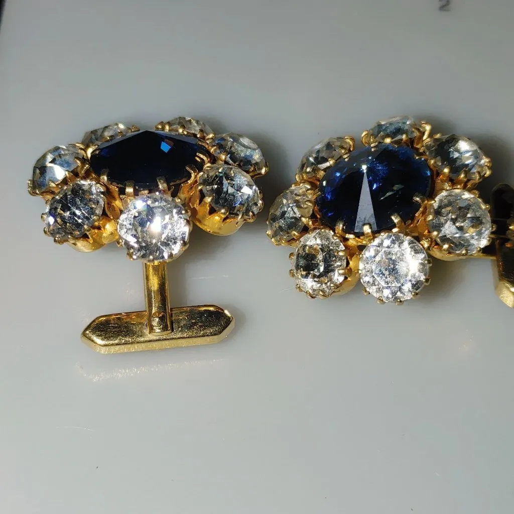 Rivoli Rhinestone Vintage Gold Tone Cufflinks Blue Clear Rhinestones Prong Set - Image 3