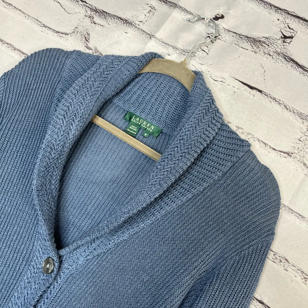 Vintage Lauren Ralph Lauren Blue Shawl Collar Cardigan Knit Top Women’s M Button Size M - Image 7
