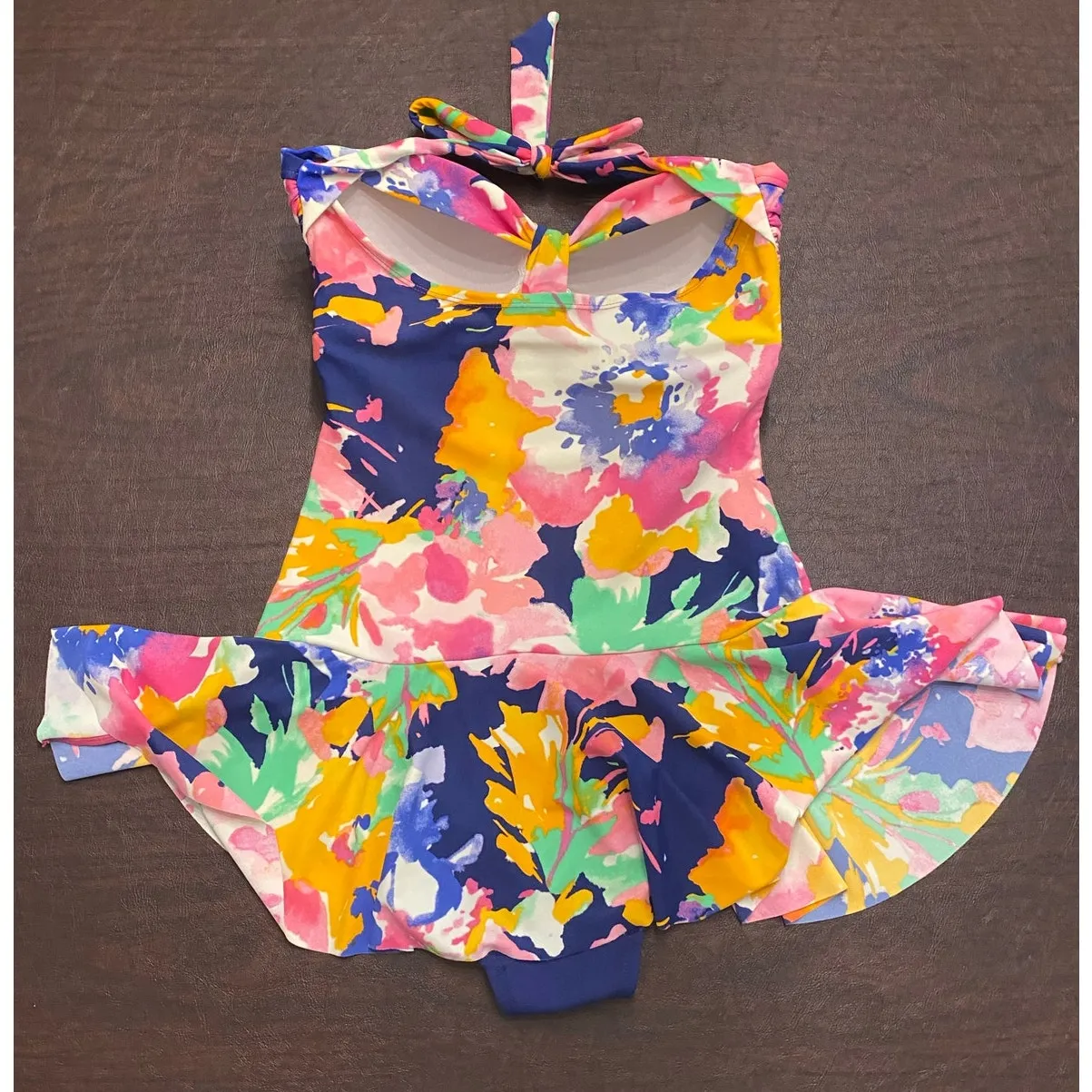 Chaps‎ One Piece Halter Roused Skirted Floral Swimdress Pink Blue Green Size 6 - Image 2