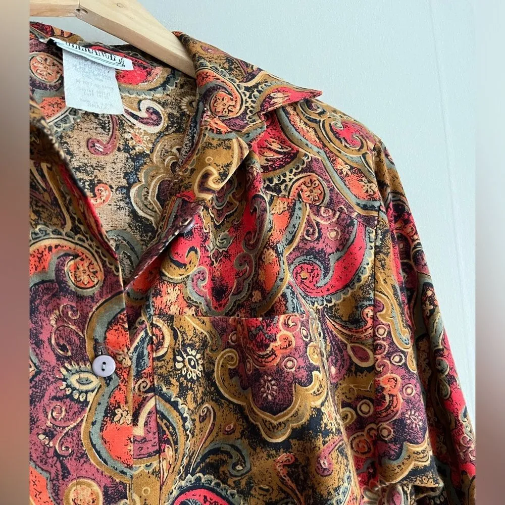 Vintage 70’s floral brown paisley retro wide sleeve button front shirt - Image 6