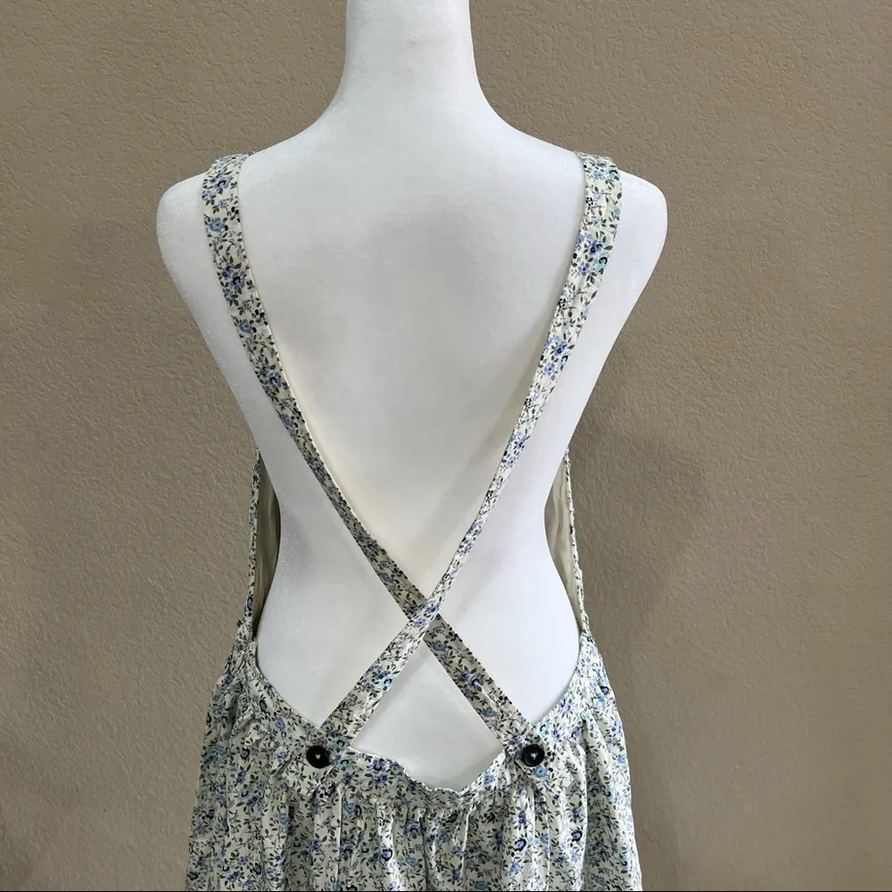 Free People Petunia Blue Floral Color Smocked Sleeveless Apron Dress Sz L Boho - Image 7